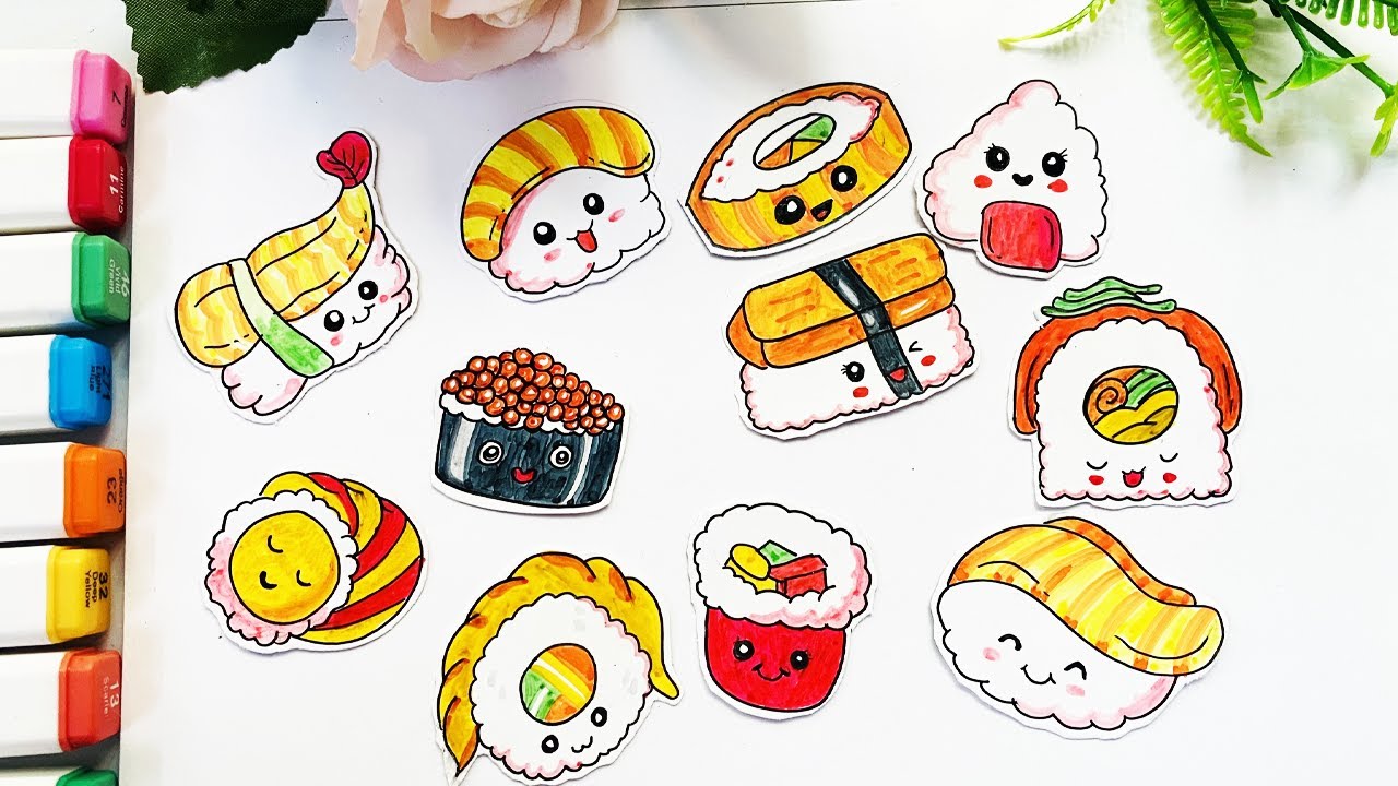 How To Draw Cute Sushi Sticker | iCon Lovely Sushi | Sushi Doodle Food Art  - YouTube