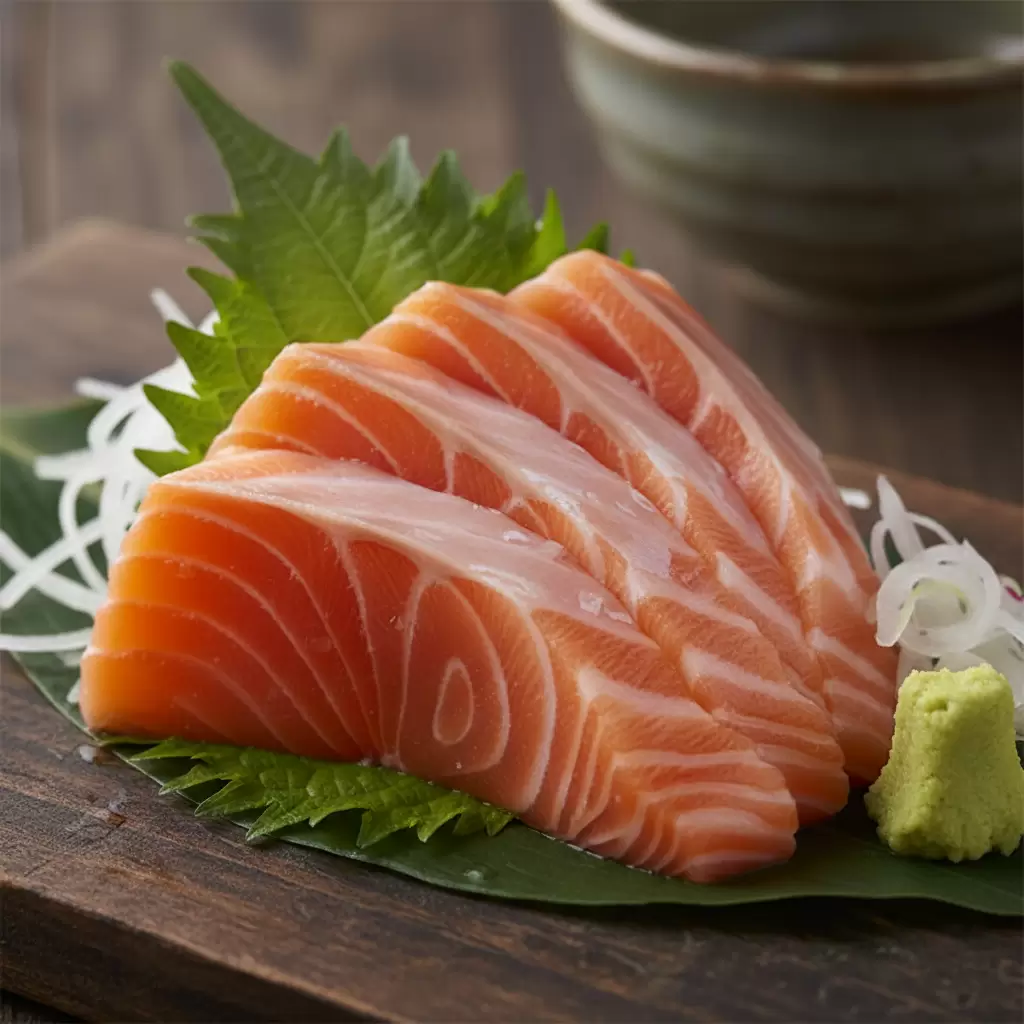 Vân mỡ trắng mịn và màu cam đậm là dấu hiệu nhận biết của cá hồi sashimi chất lượng cao giàu Omega3
