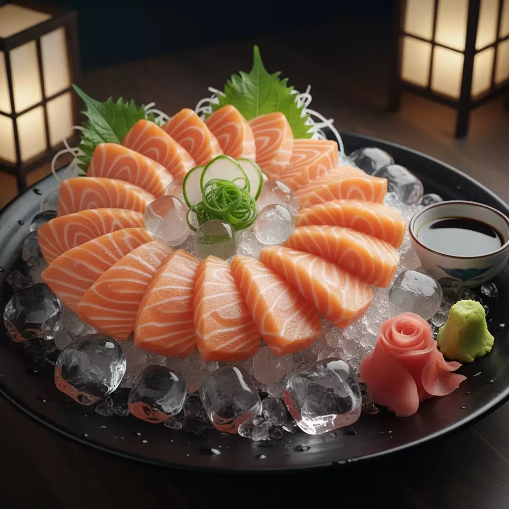 Trải nghiệm hương vị tuyệt đỉnh với sashimi cá hồi tươi ngon được phục vụ trên đá lạnh để giữ trọn độ tươi