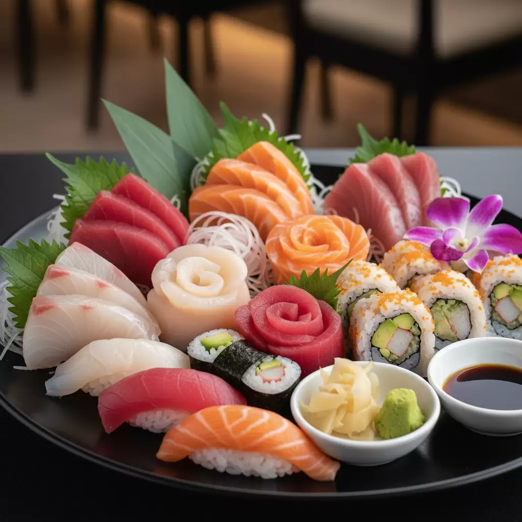 Các món sushi và sashimi được chế biến từ nguyên liệu tươi sống cao cấp