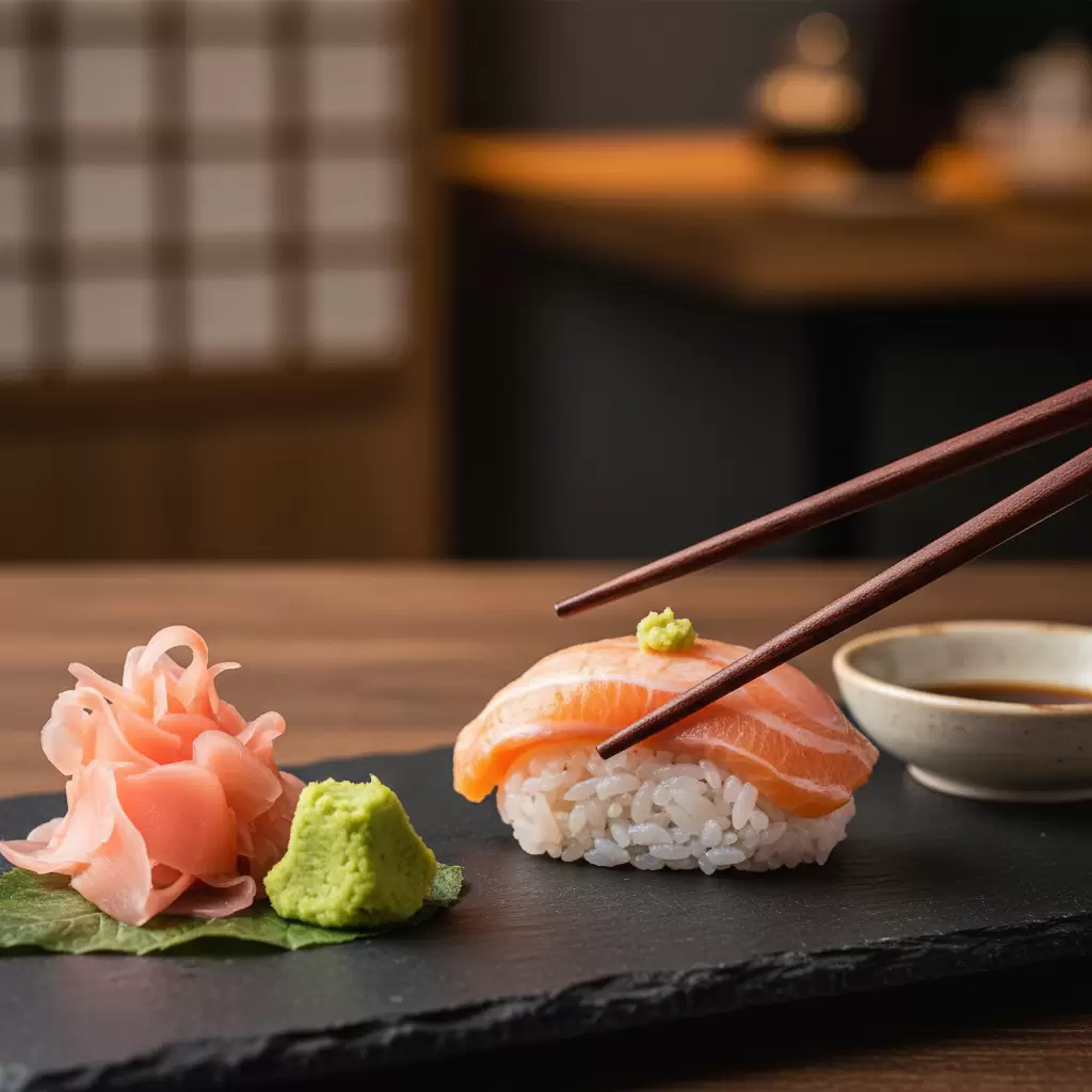 Gừng hồng Gari được sử dụng để làm sạch vị giác giữa các loại Sushi giúp thực khách cảm nhận rõ ràng hương vị của từng miếng