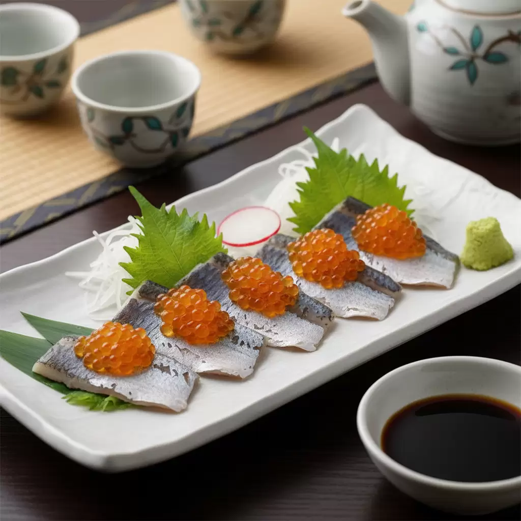 Sashimi Cá Trích Ép Trứng Kappo với màu sắc hấp dẫn và lát cắt hoàn hảo