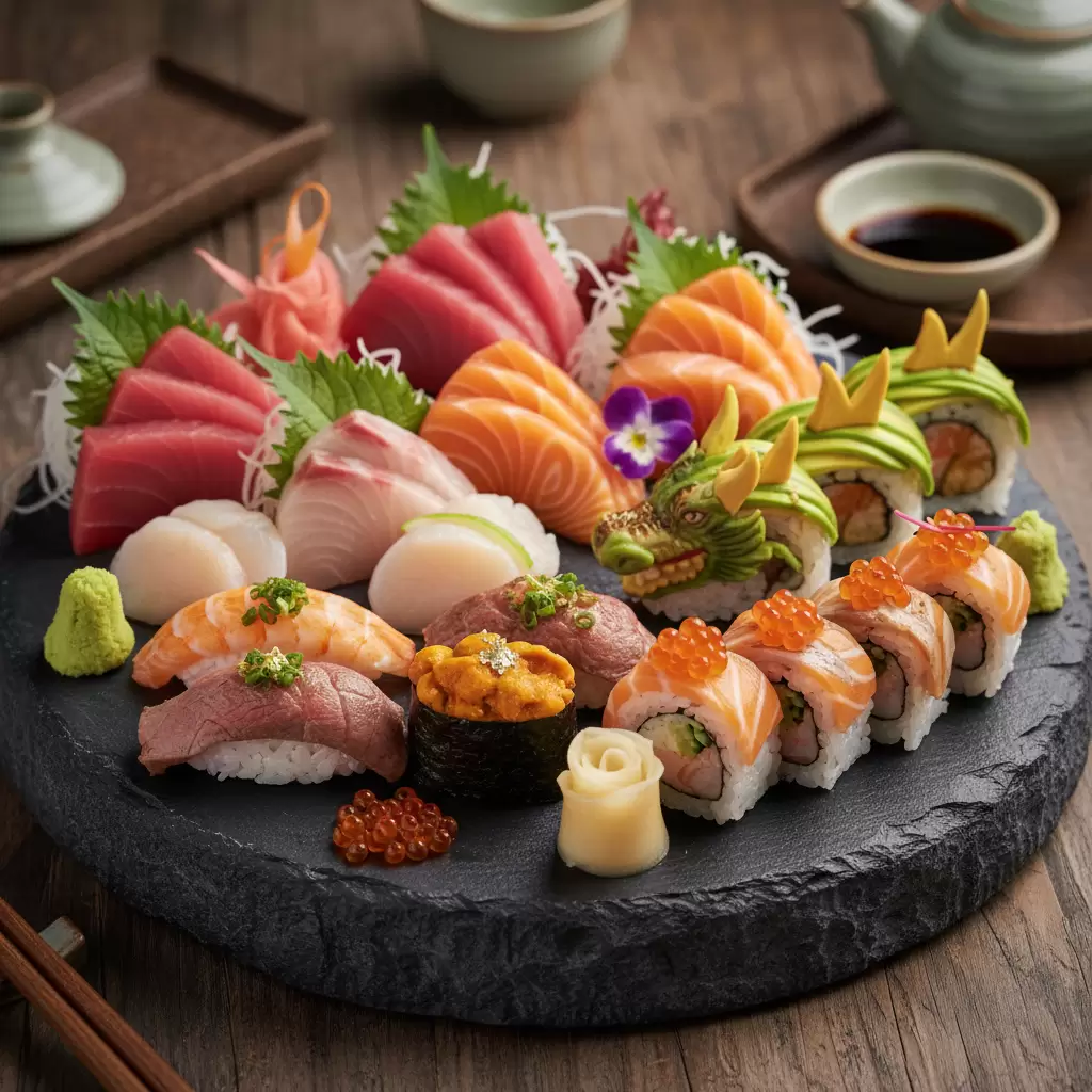 Set Sashimi và Sushi cao cấp  điểm nhấn không thể thiếu trong tiệc cuối năm thể hiện sự tươi ngon và nghệ thuật ẩm thực